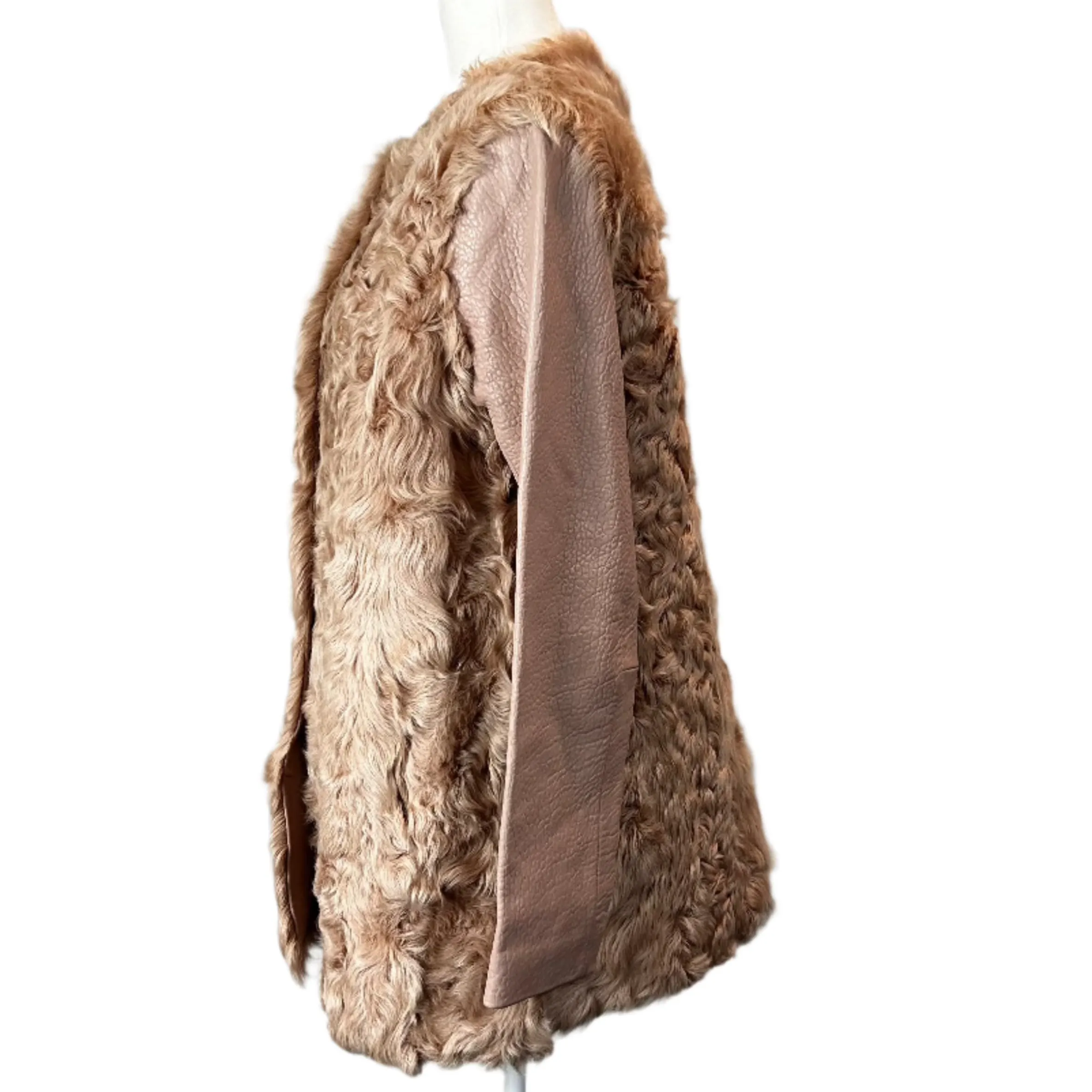 Maje Nude Pink Leather & Curly Shearling Short Coat M