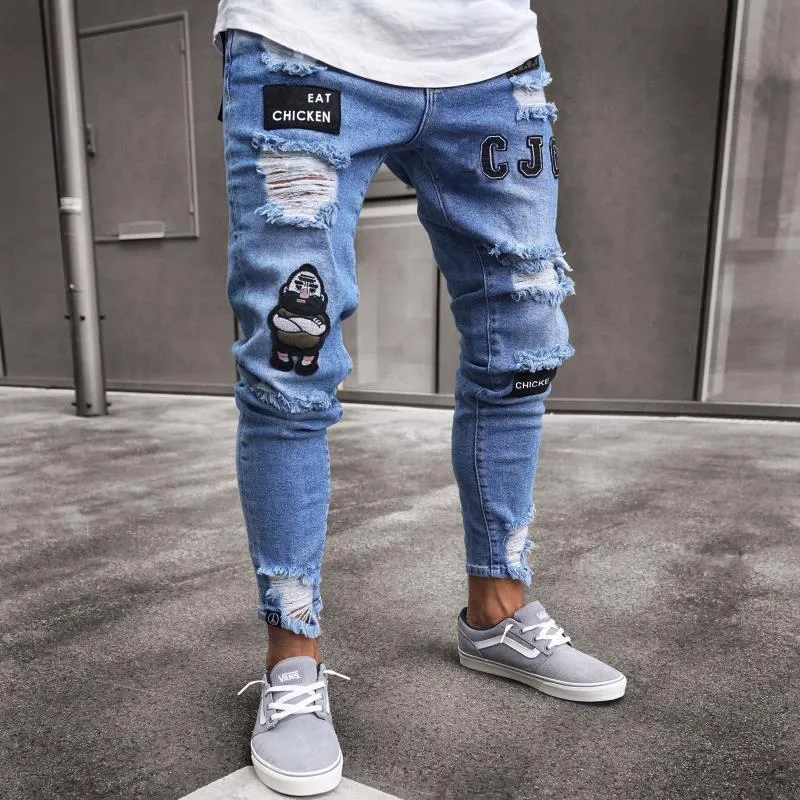 Men's Patchwork Embroidered Ripped Skinny Jeans