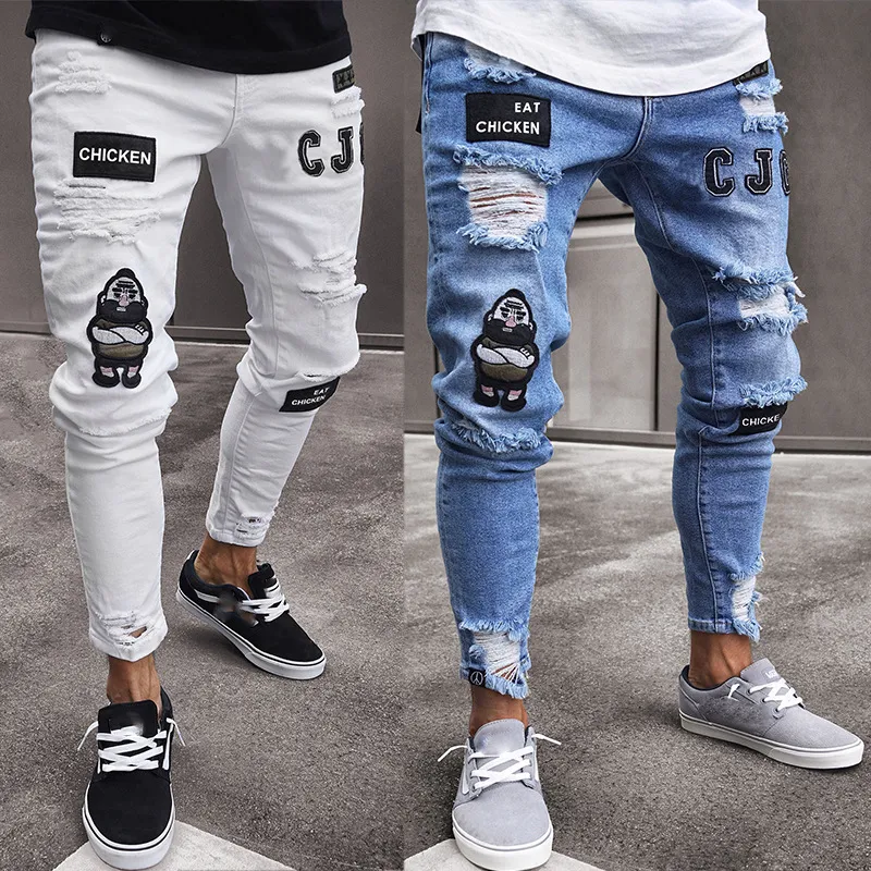 Men's Patchwork Embroidered Ripped Skinny Jeans