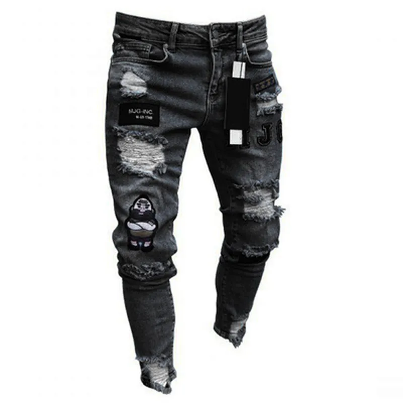 Men's Patchwork Embroidered Ripped Skinny Jeans