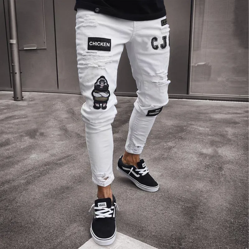 Men's Patchwork Embroidered Ripped Skinny Jeans