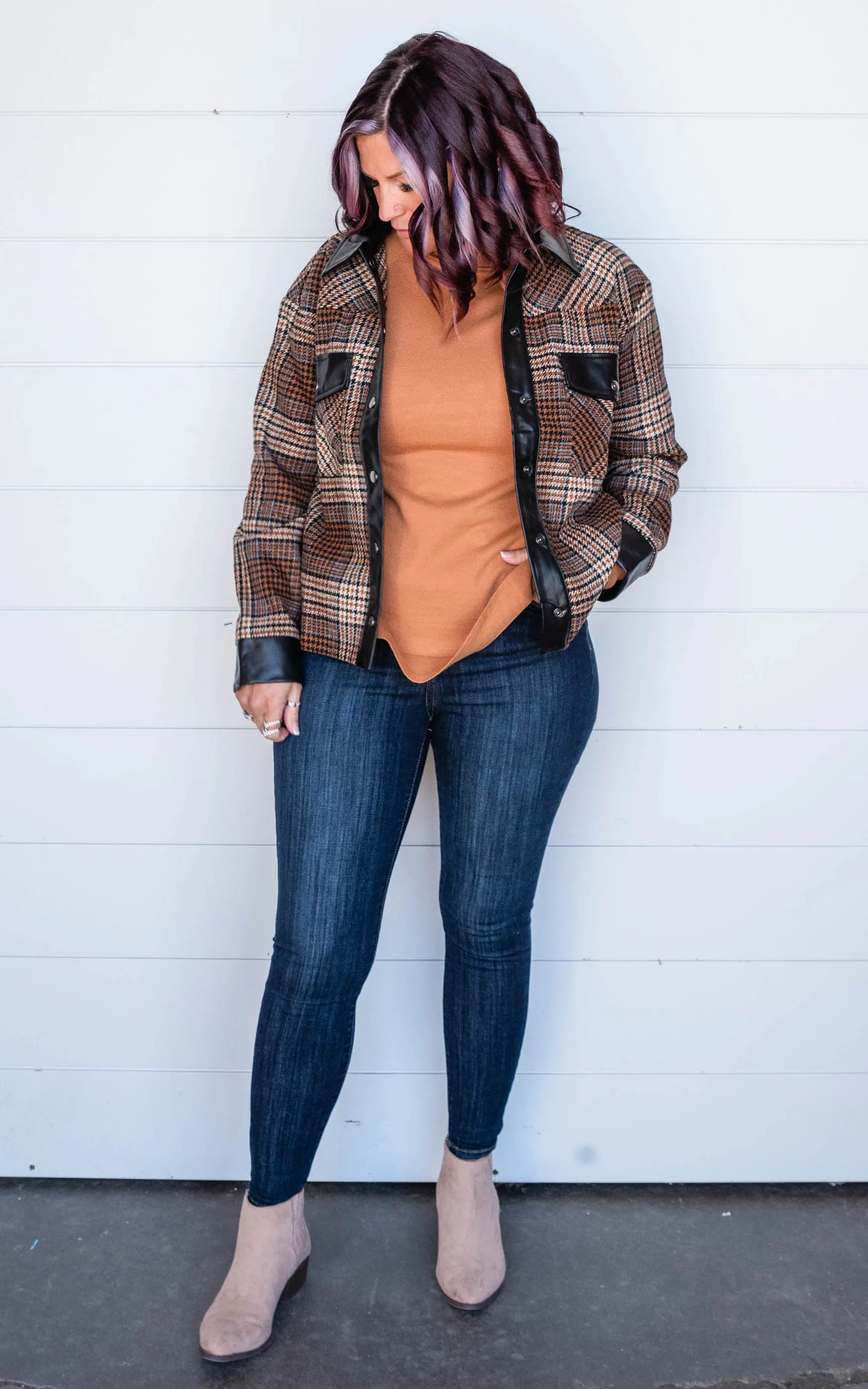 MIXED FAUX LEATHER PLAID JACKET