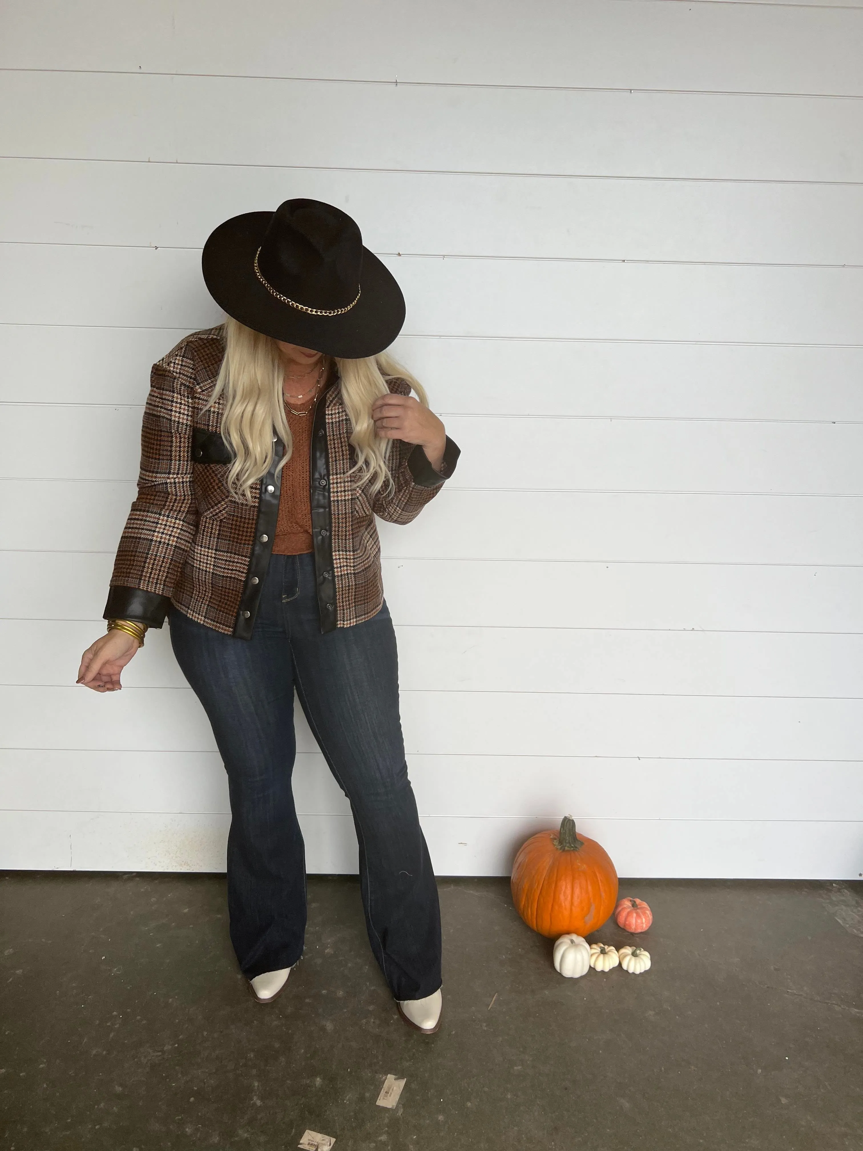 MIXED FAUX LEATHER PLAID JACKET