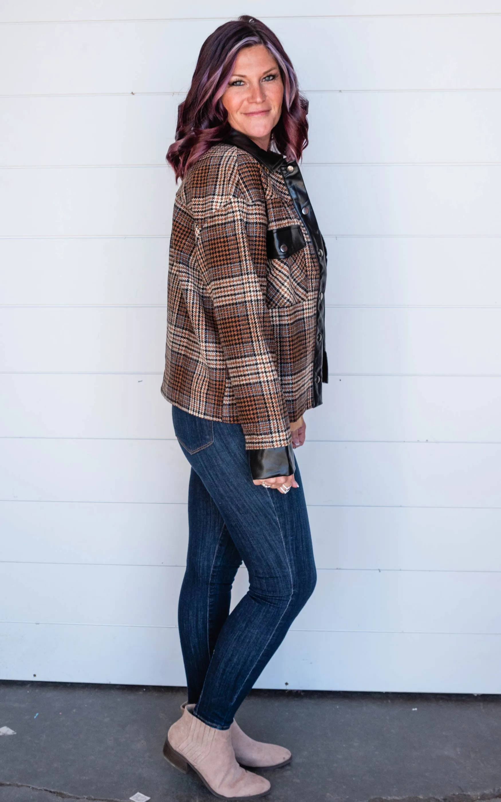 MIXED FAUX LEATHER PLAID JACKET