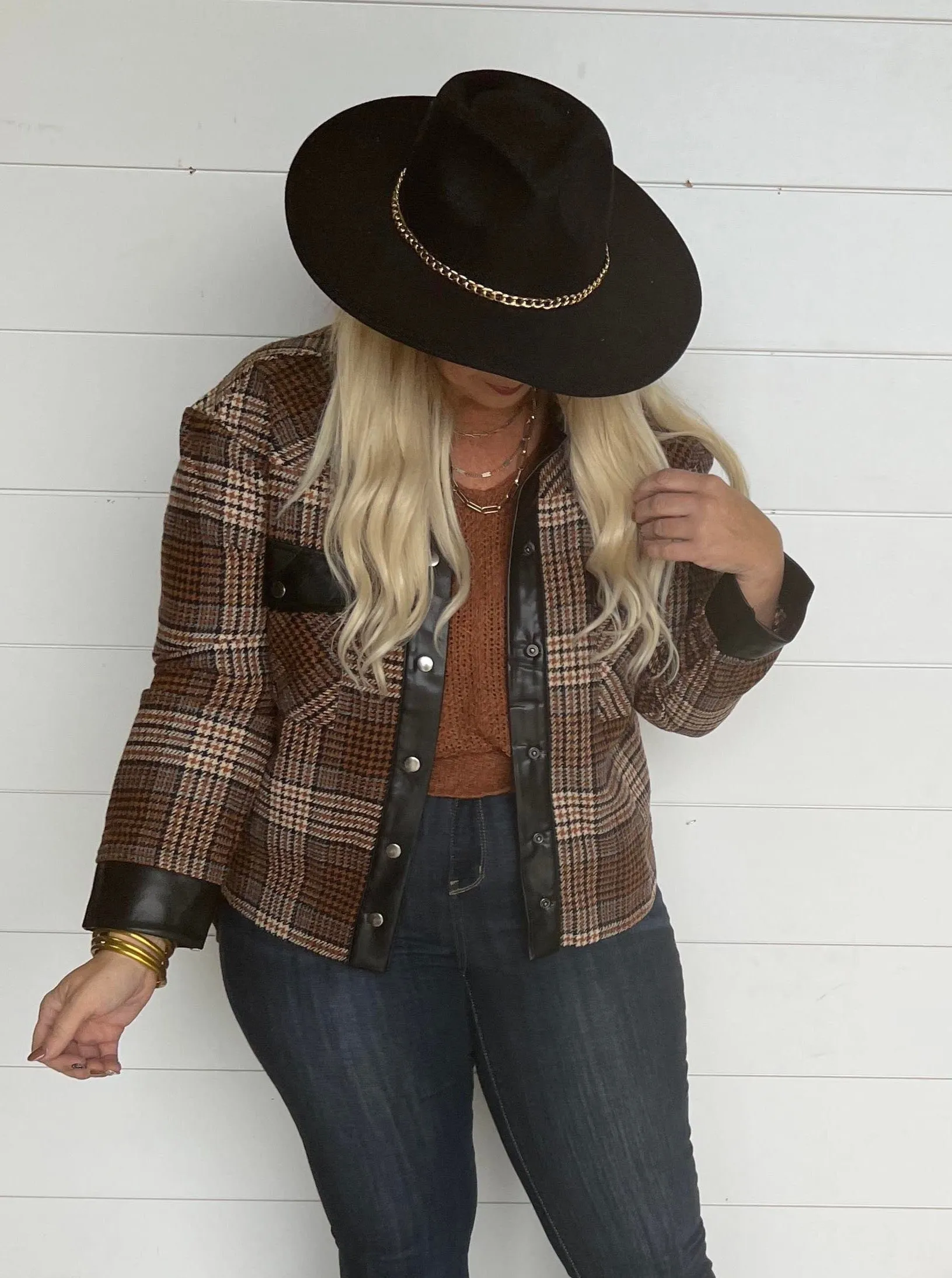 MIXED FAUX LEATHER PLAID JACKET