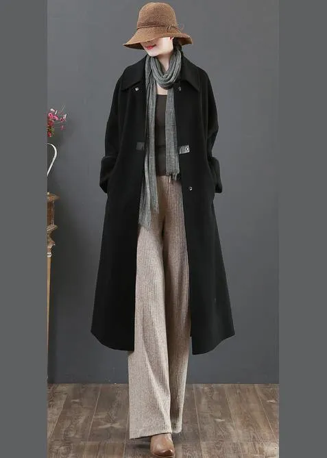 New  Loose fitting long coat winter coats black lapel pockets woolen coats