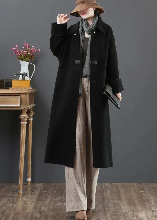 New  Loose fitting long coat winter coats black lapel pockets woolen coats