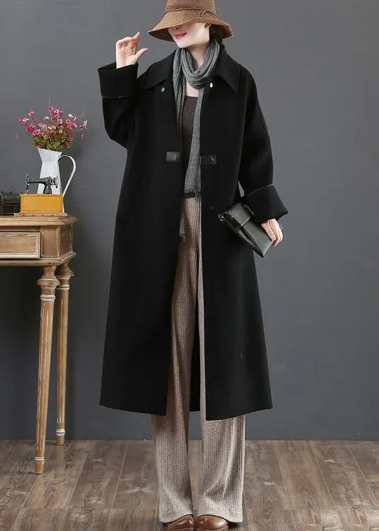 New  Loose fitting long coat winter coats black lapel pockets woolen coats