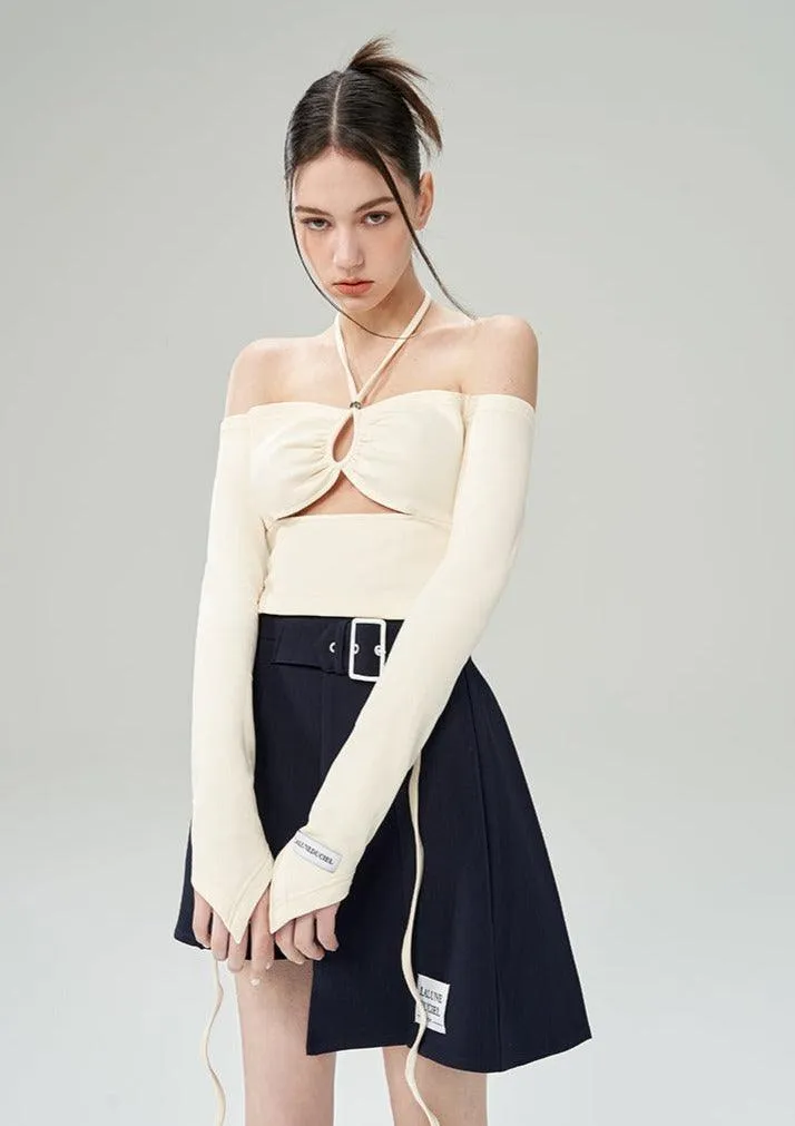 Off Shoulder Long Sleeve Ribbon Halter Neck Top