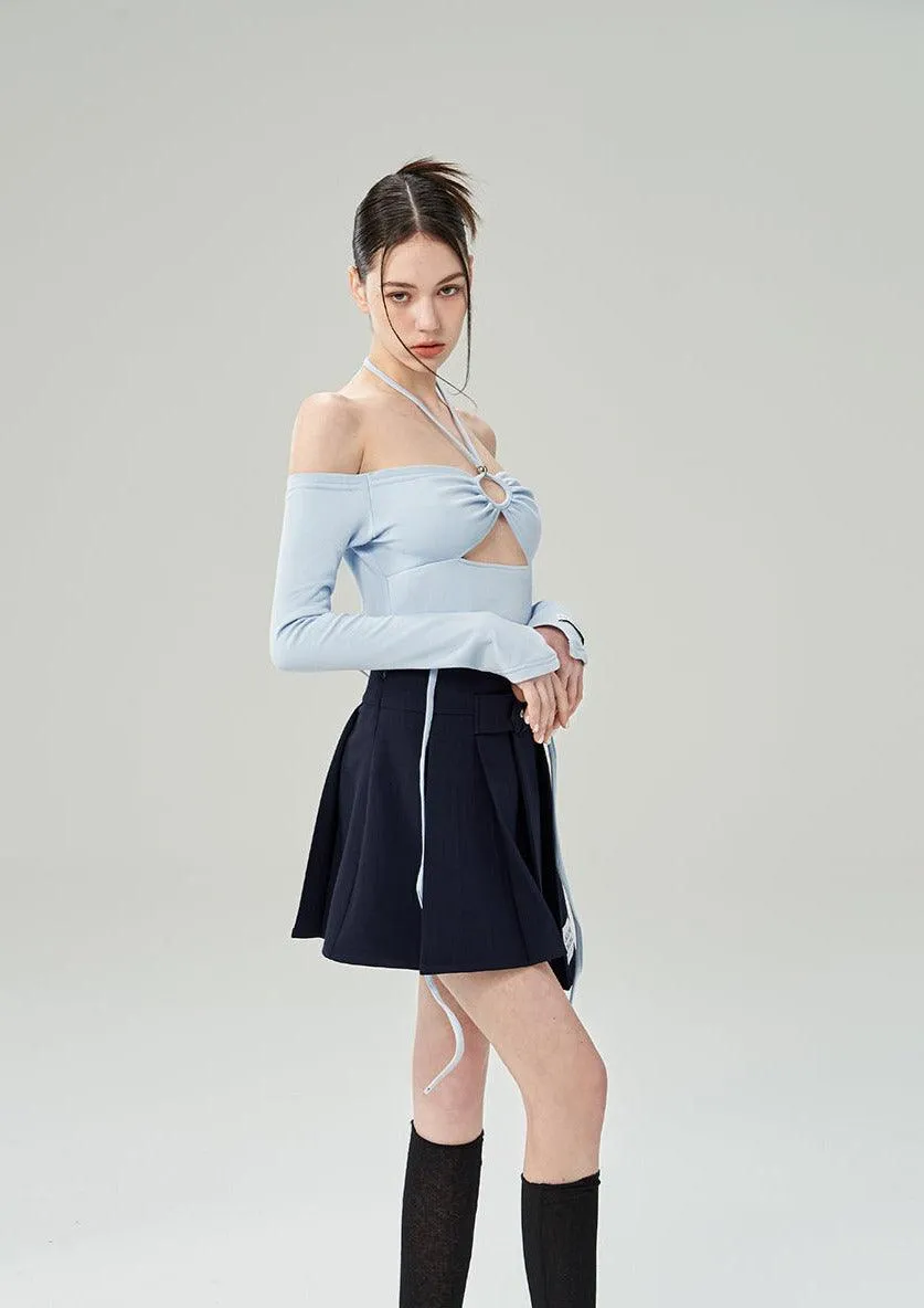 Off Shoulder Long Sleeve Ribbon Halter Neck Top