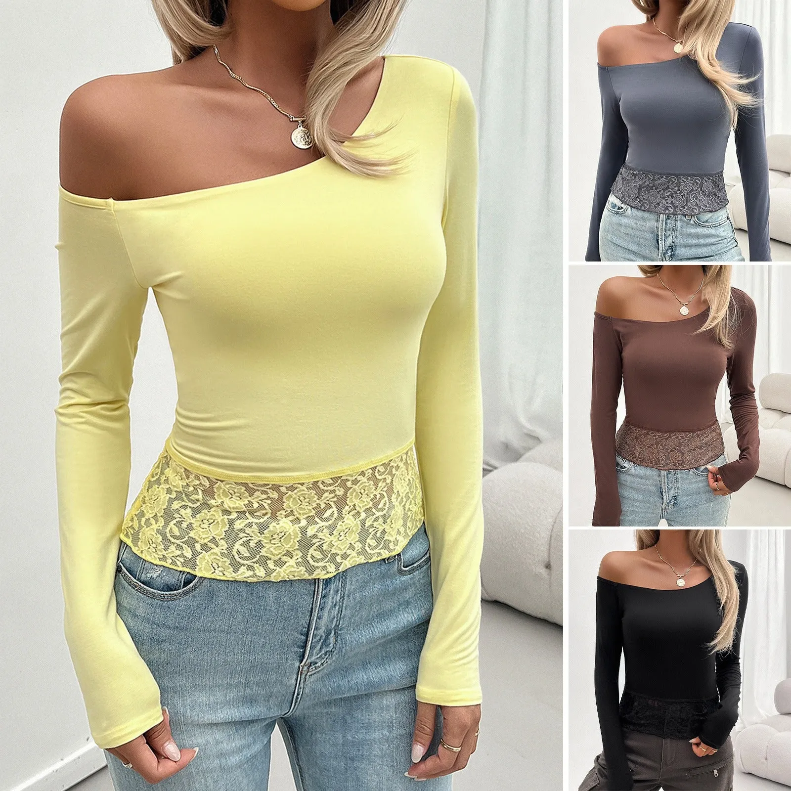 Off Shoulder Slim Fit Long Sleeve T-shirt with Lace Hem (4 colors)