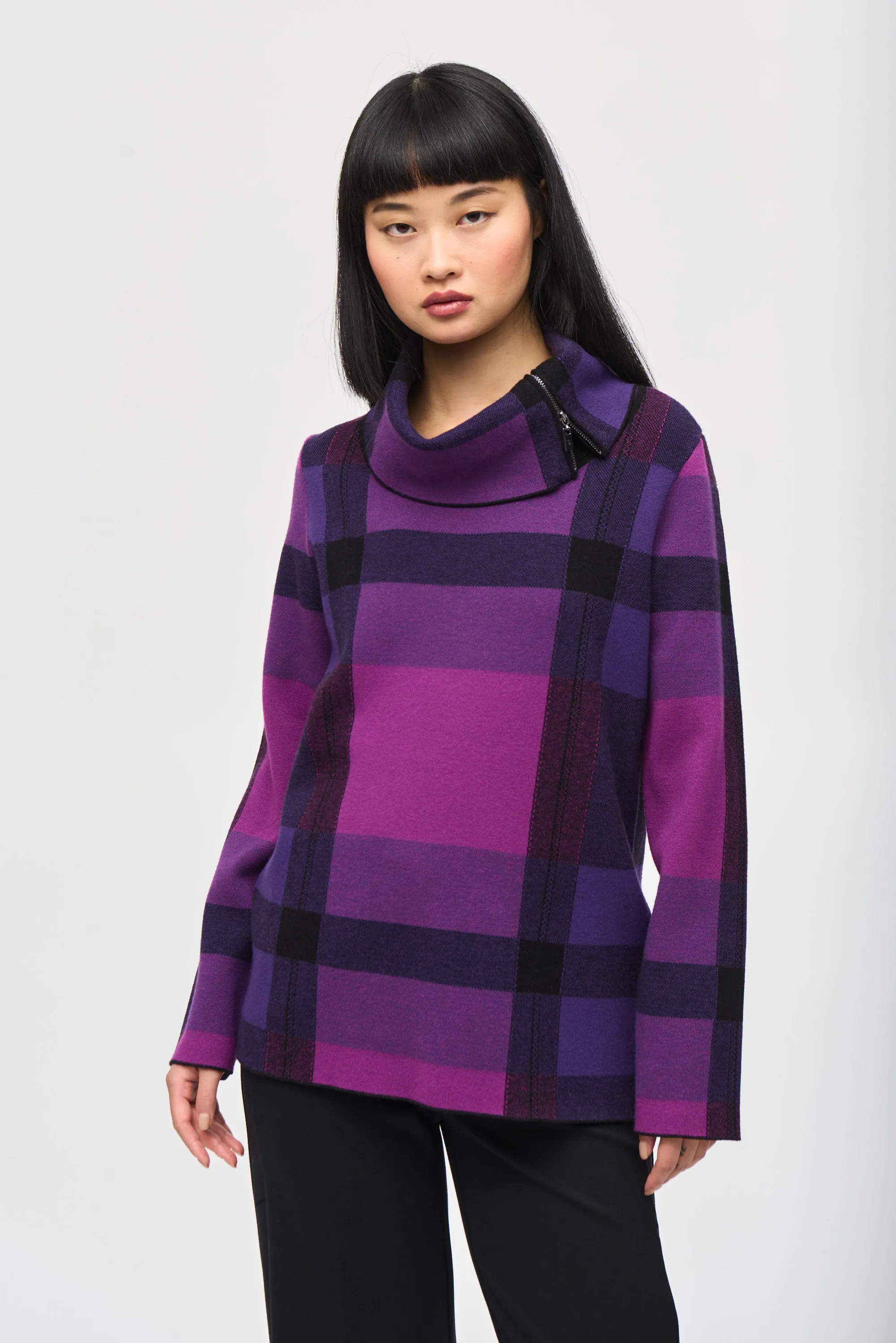 Plaid Jacquard Cowl Neck Sweater