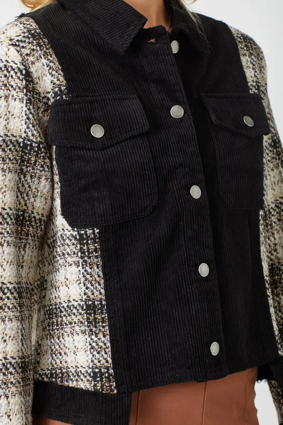 Plaid Sleeve Corduroy Jacket Black