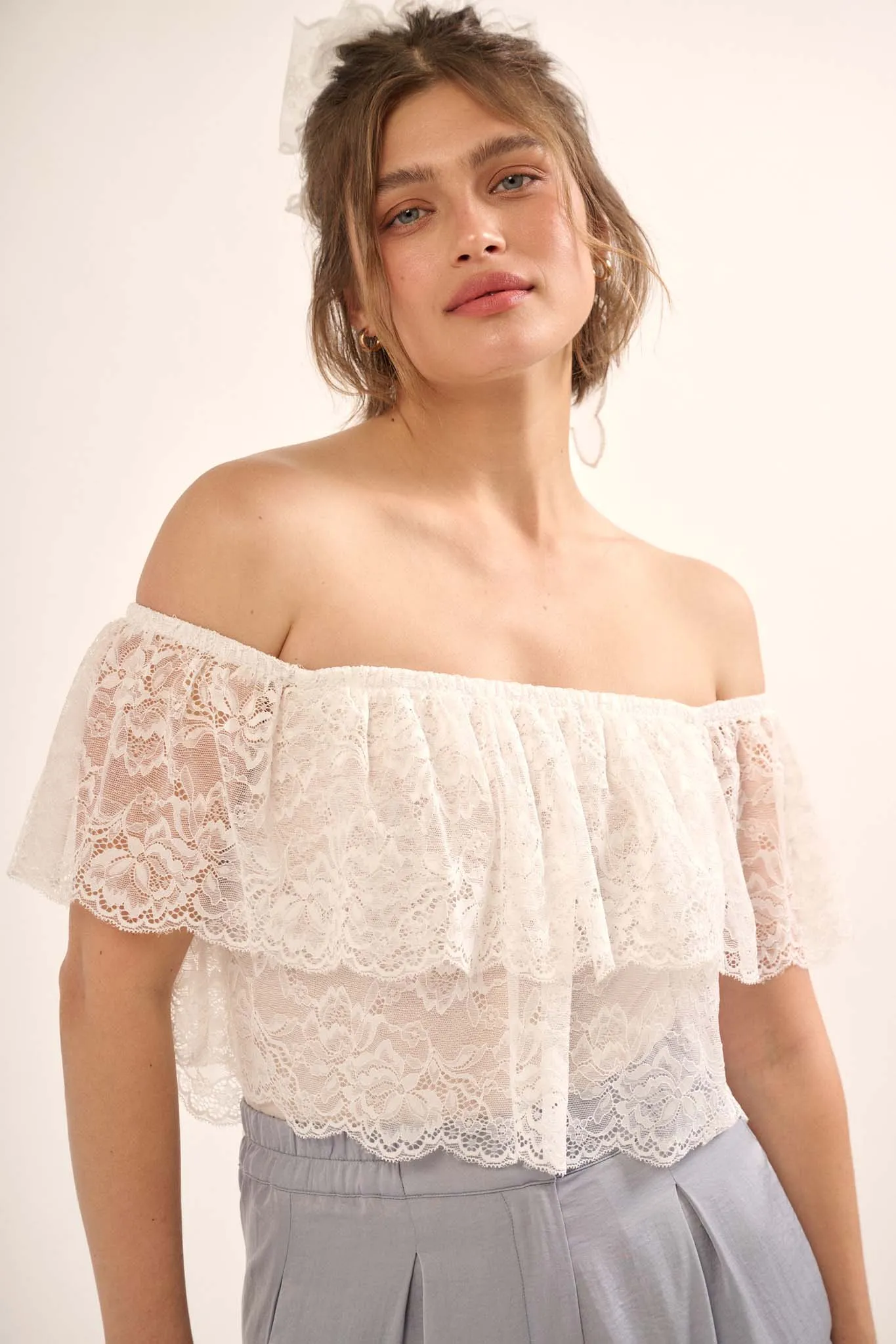 Poetic Beauty Floral Lace Off-Shoulder Bodysuit