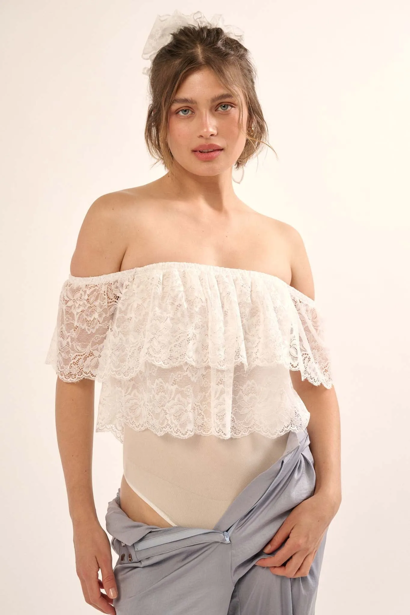 Poetic Beauty Floral Lace Off-Shoulder Bodysuit