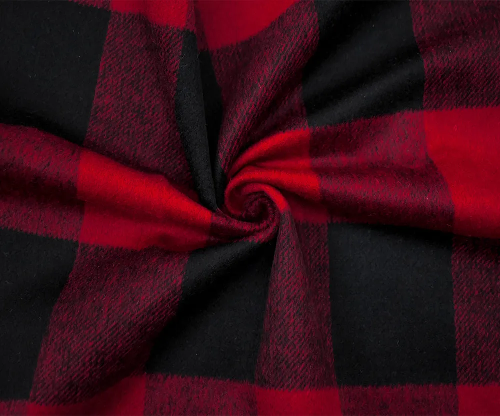 Red-Black Melton Wool-Poly Check Woven Jacketing Fabric