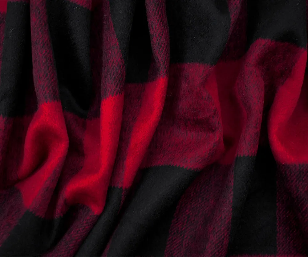 Red-Black Melton Wool-Poly Check Woven Jacketing Fabric