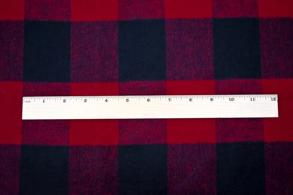 Red-Black Melton Wool-Poly Check Woven Jacketing Fabric