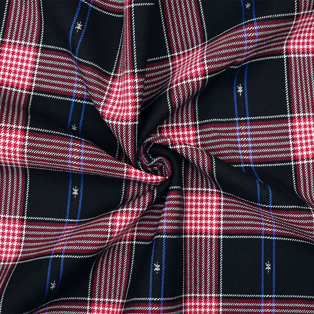 Red-Black-Multi Wool Polyester Plaid and Stars Twill Woven Suiting Fabric