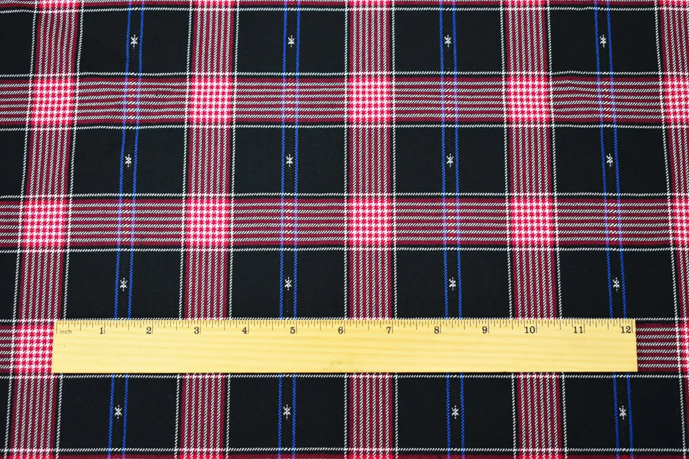 Red-Black-Multi Wool Polyester Plaid and Stars Twill Woven Suiting Fabric