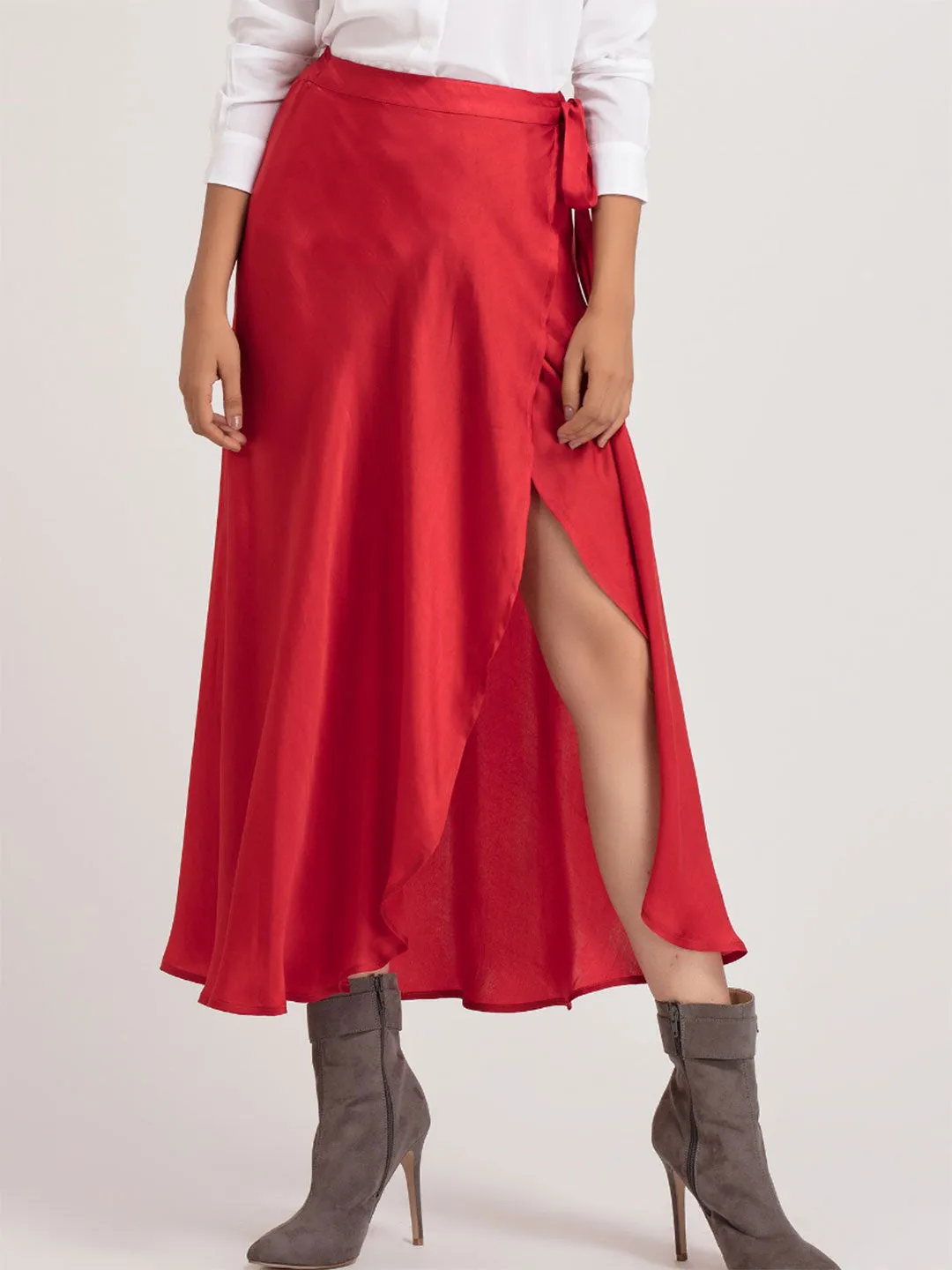 Red Long Wrap Skirt