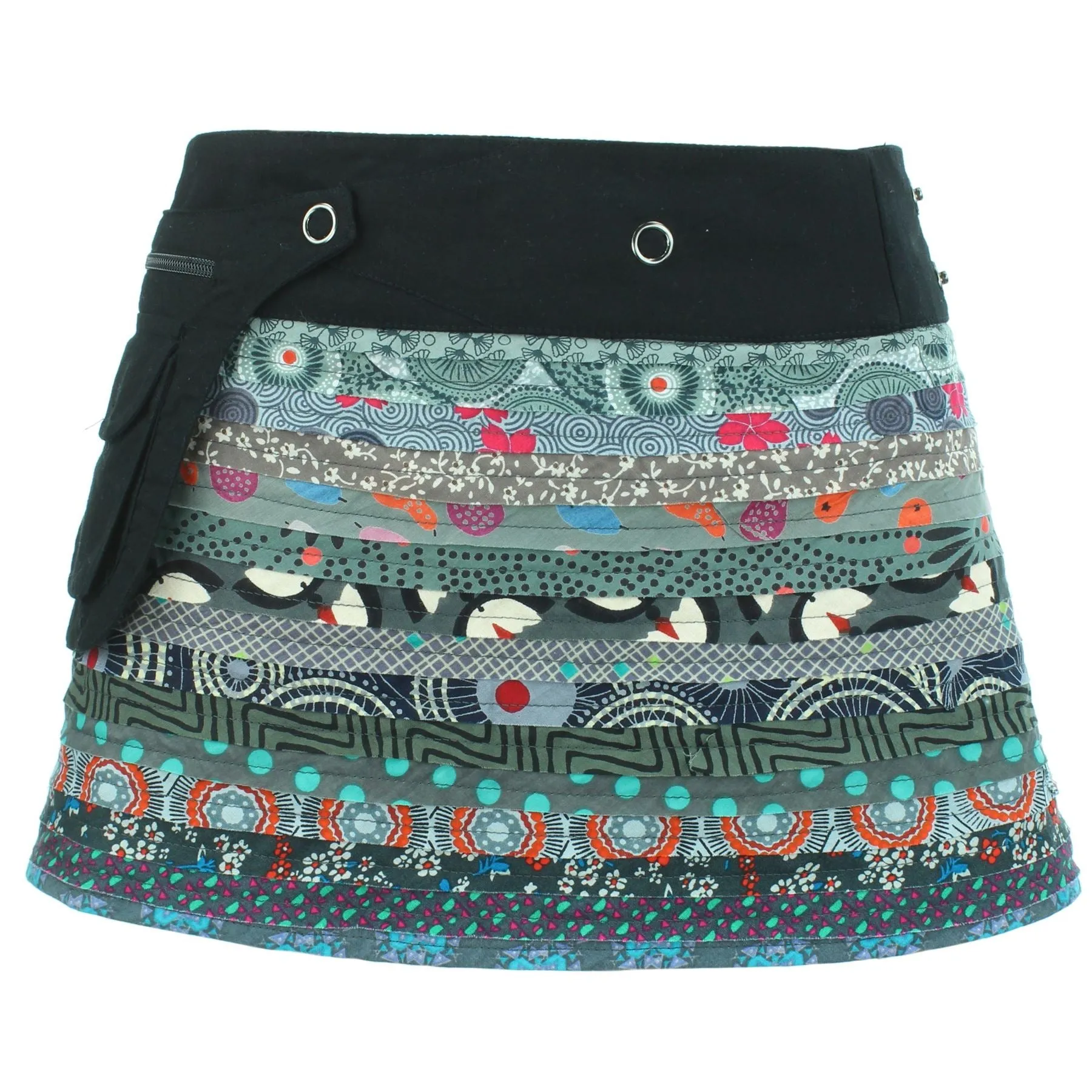 Reversible Popper Wrap Children's Size Mini Skirt - Grey Patch Strips / Spiral Garden