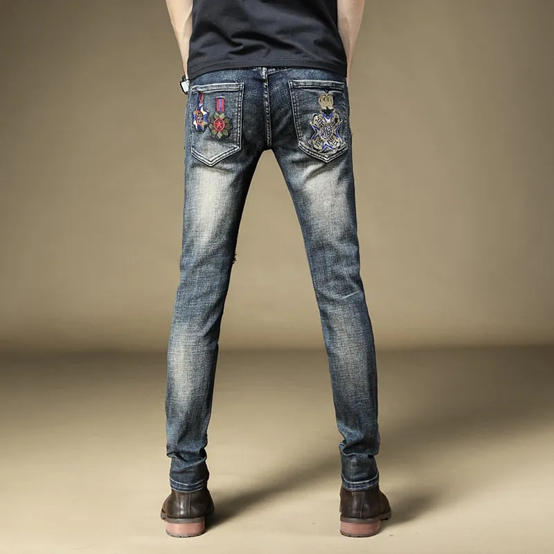 Ripped Effect Colorful Patchwork Men Skinny Jeans