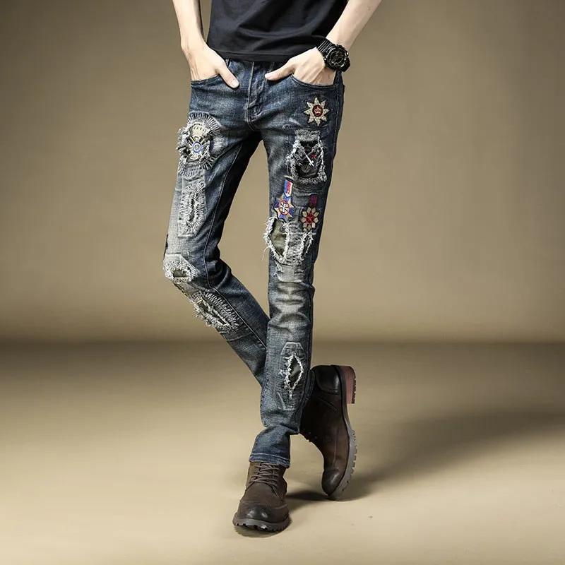 Ripped Effect Colorful Patchwork Men Skinny Jeans