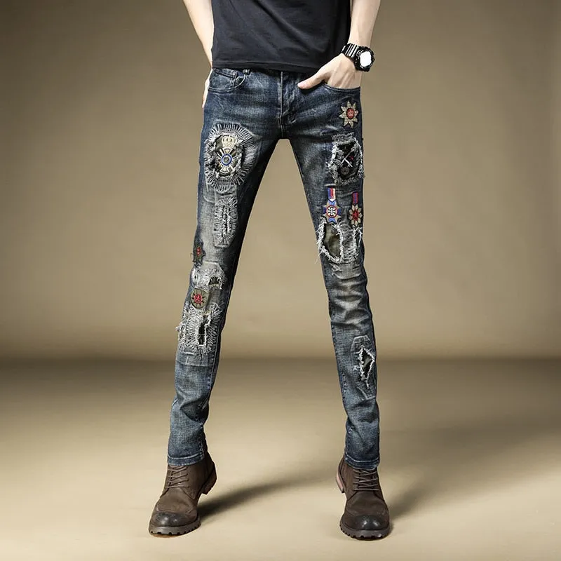 Ripped Effect Colorful Patchwork Men Skinny Jeans