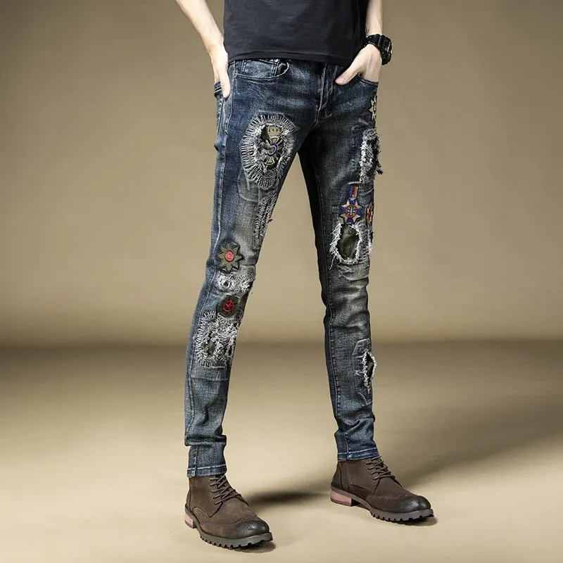 Ripped Effect Colorful Patchwork Men Skinny Jeans