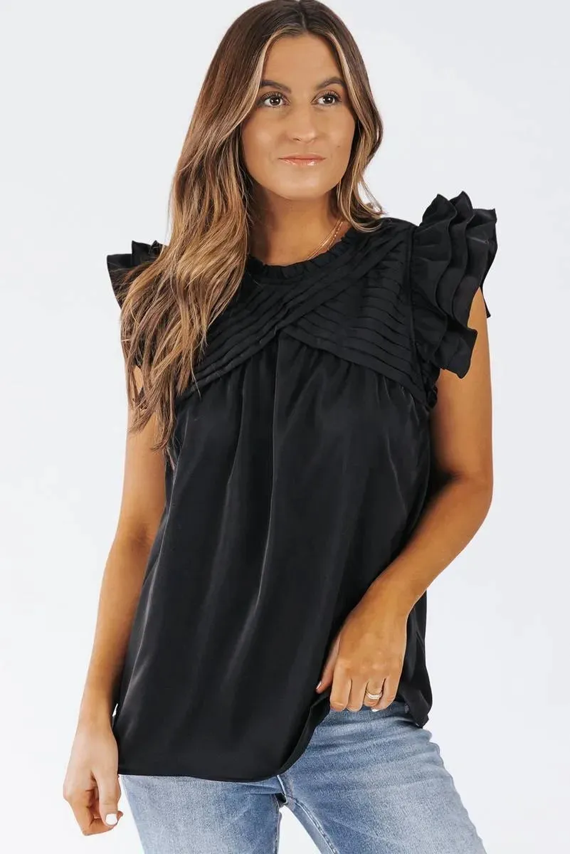 Say Hello to Your New Favorite: Ruffle Sleeve Pleated Yoke Loose Top