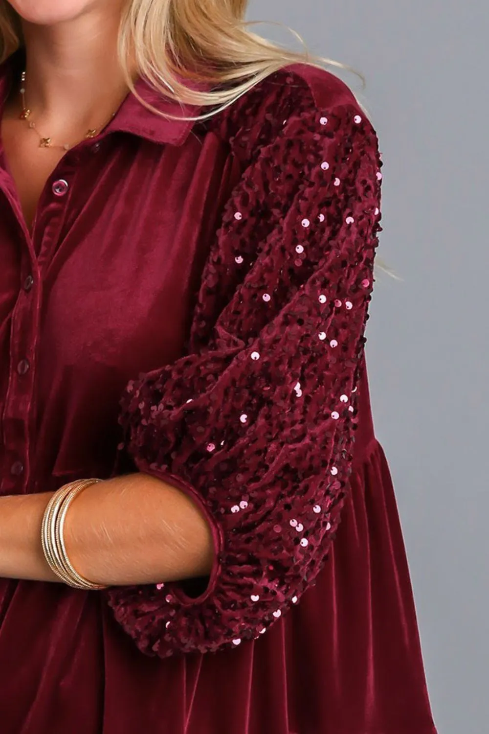 Sequin Detail Tiered Back Half Sleeve Shirt