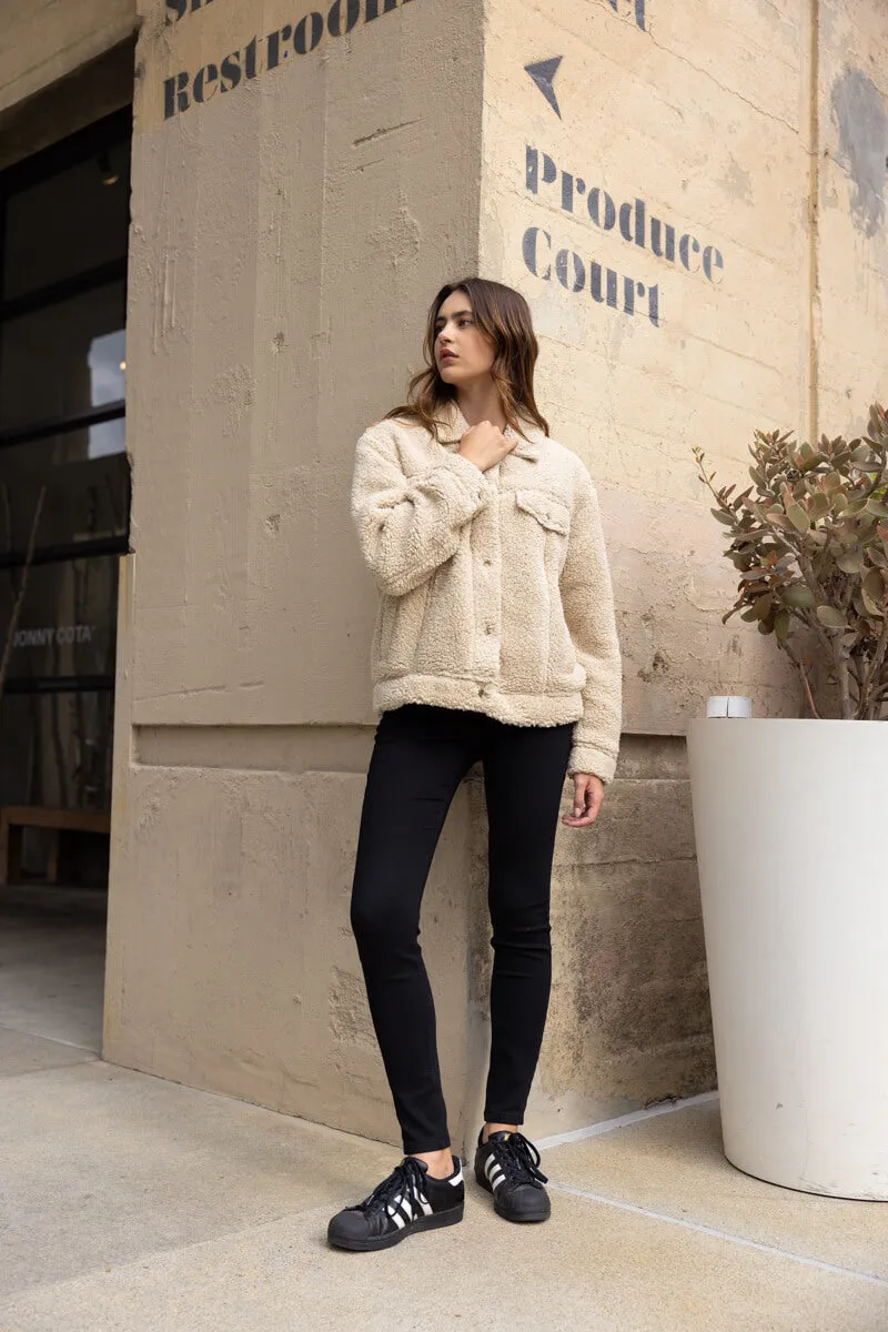 Shearling Trucker Jacket Relaxed Boxy Fit - Beige