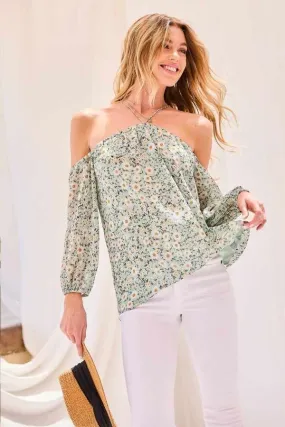 Strap Halter Neck Balloon Sleeve Floral Print Top