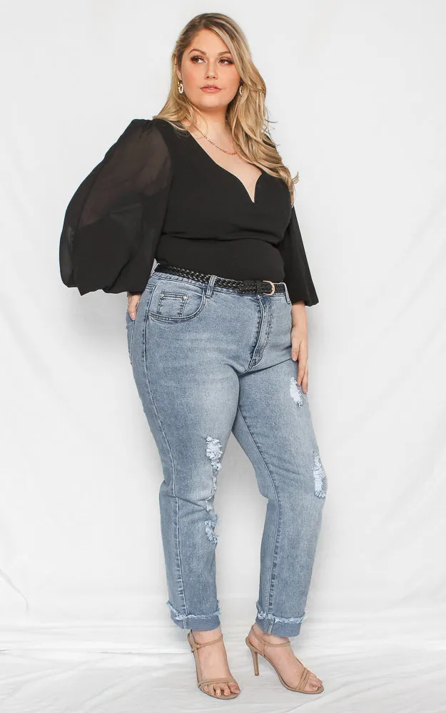 Tammy Long Balloon Sleeve Top - Black