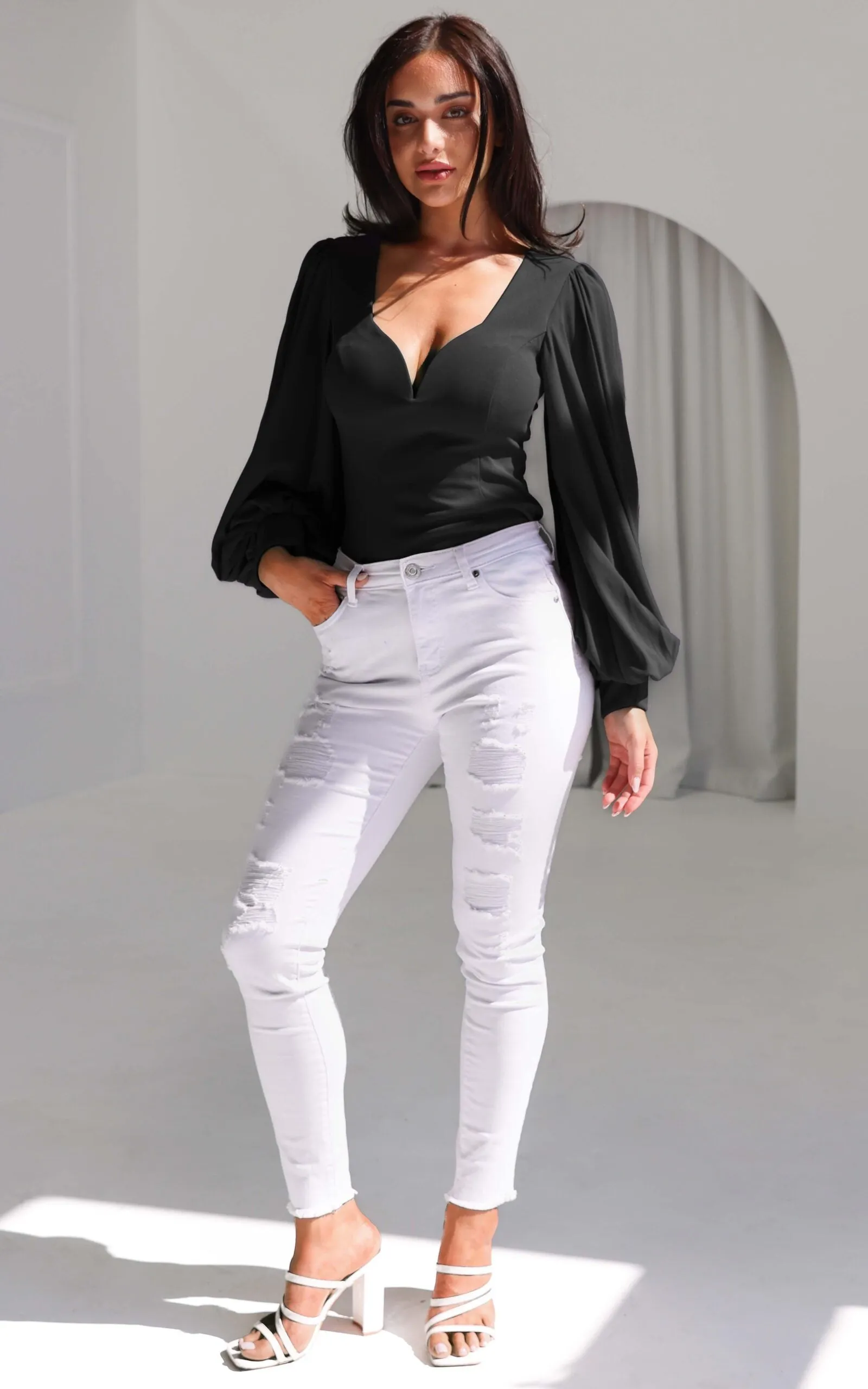 Tammy Long Balloon Sleeve Top - Black