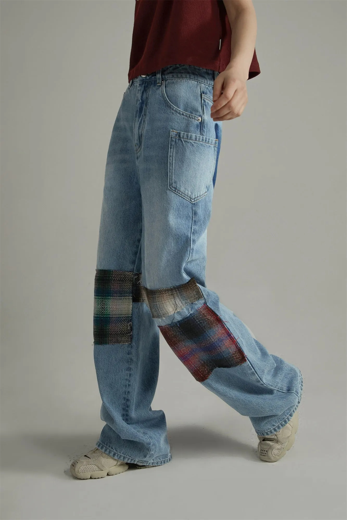 Tartan Patchwork Wide Straight Jeans