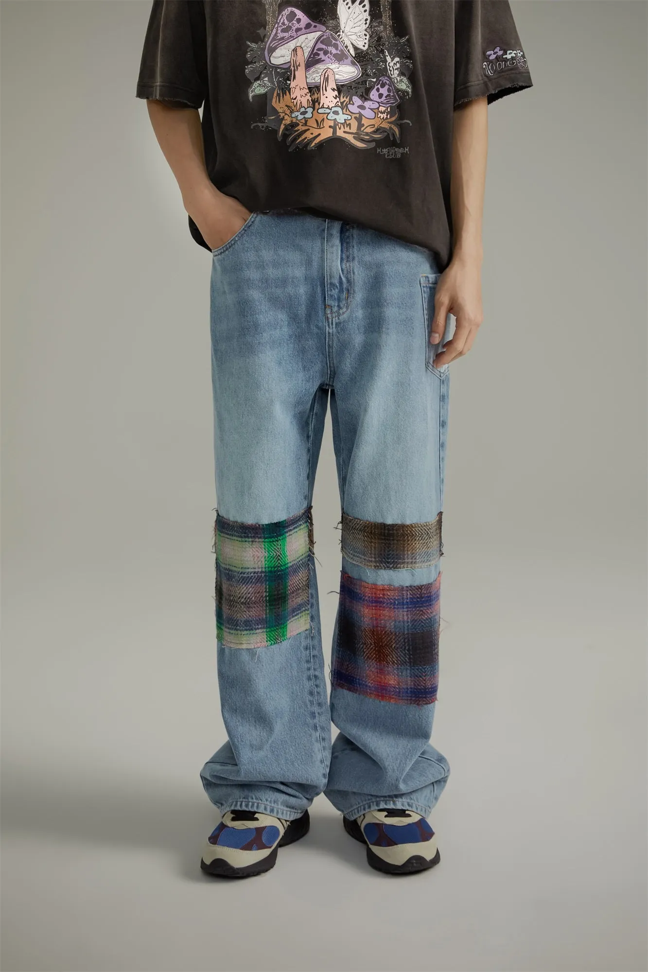 Tartan Patchwork Wide Straight Jeans