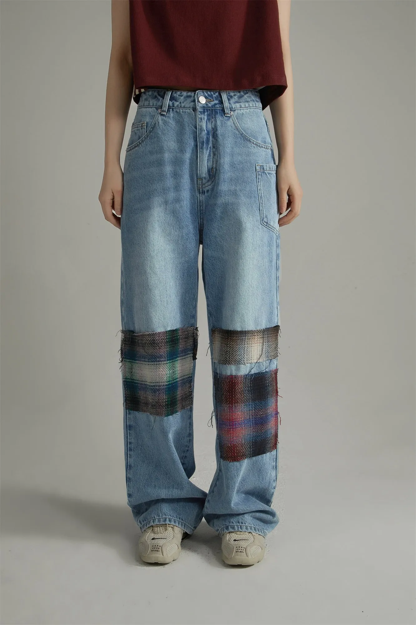 Tartan Patchwork Wide Straight Jeans