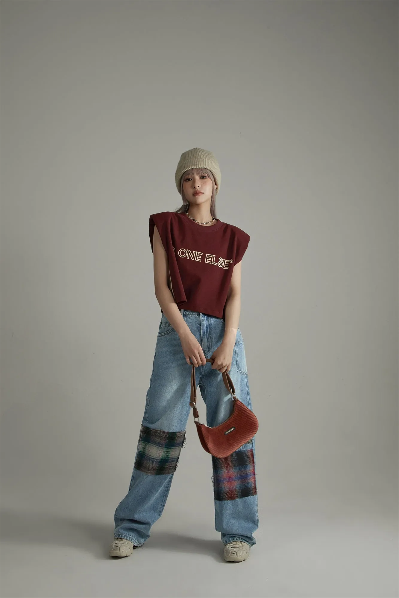 Tartan Patchwork Wide Straight Jeans