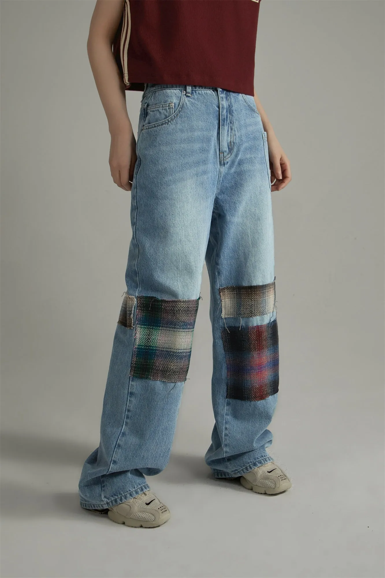 Tartan Patchwork Wide Straight Jeans