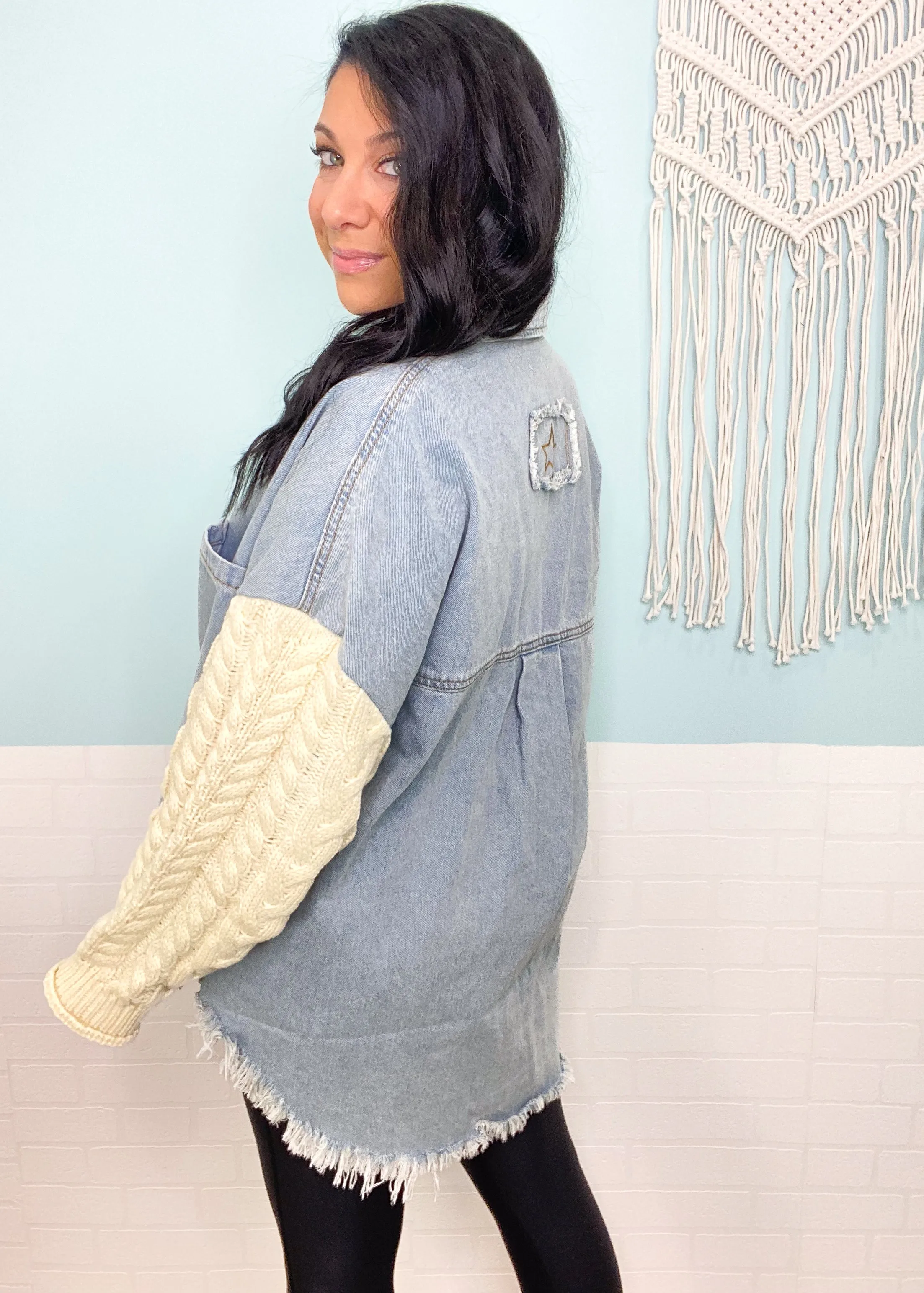 'This & That' Denim Shacket with Cable Sweater Sleeves