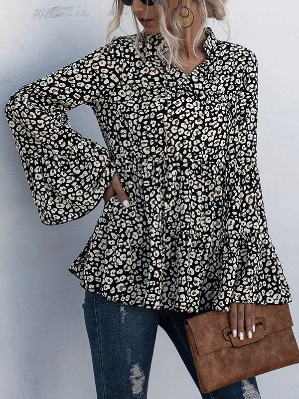 Tie-Neck Printed Tiered Blouse