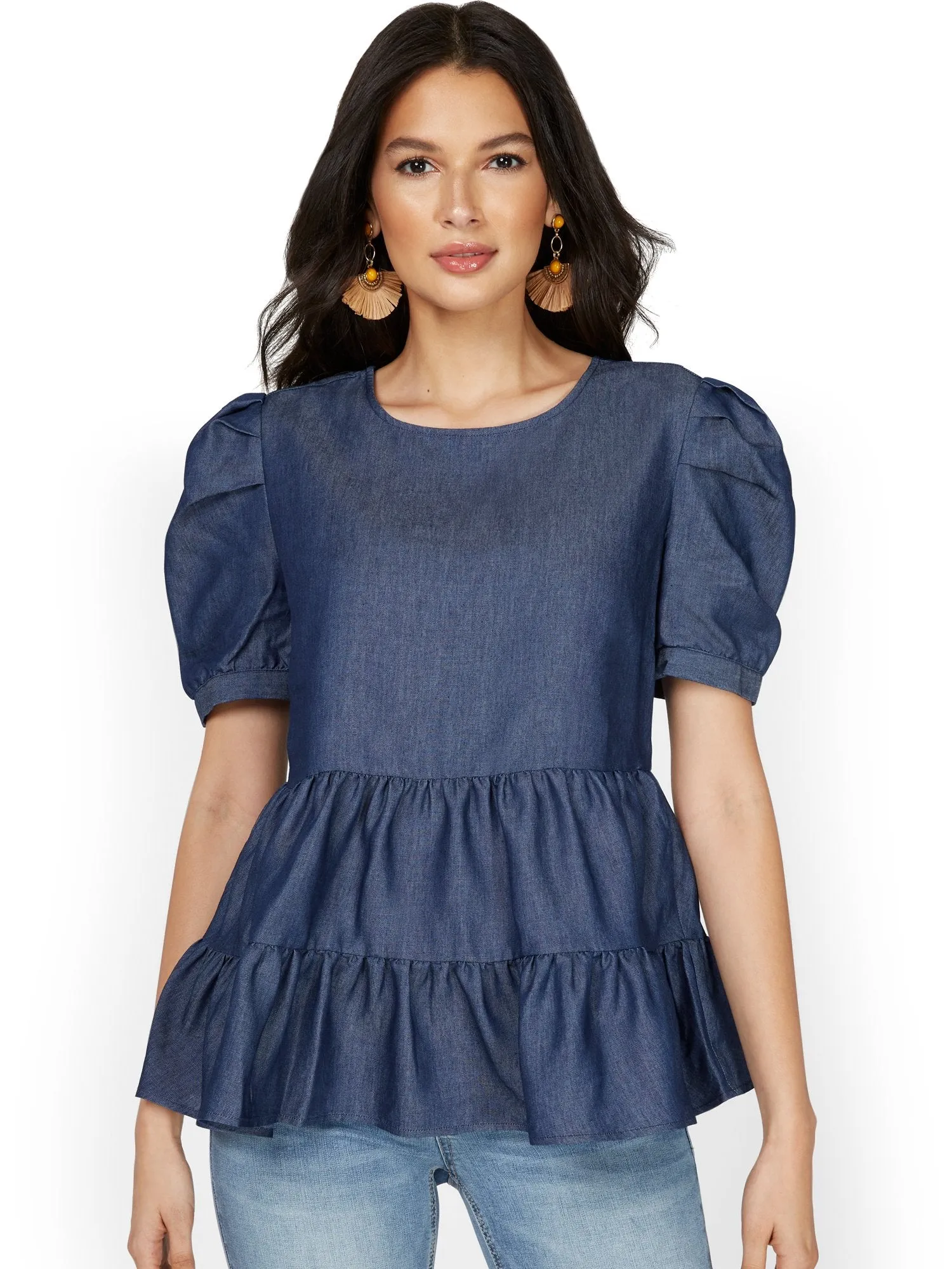 Tiered Babydoll Chambray Top - Lily & Cali