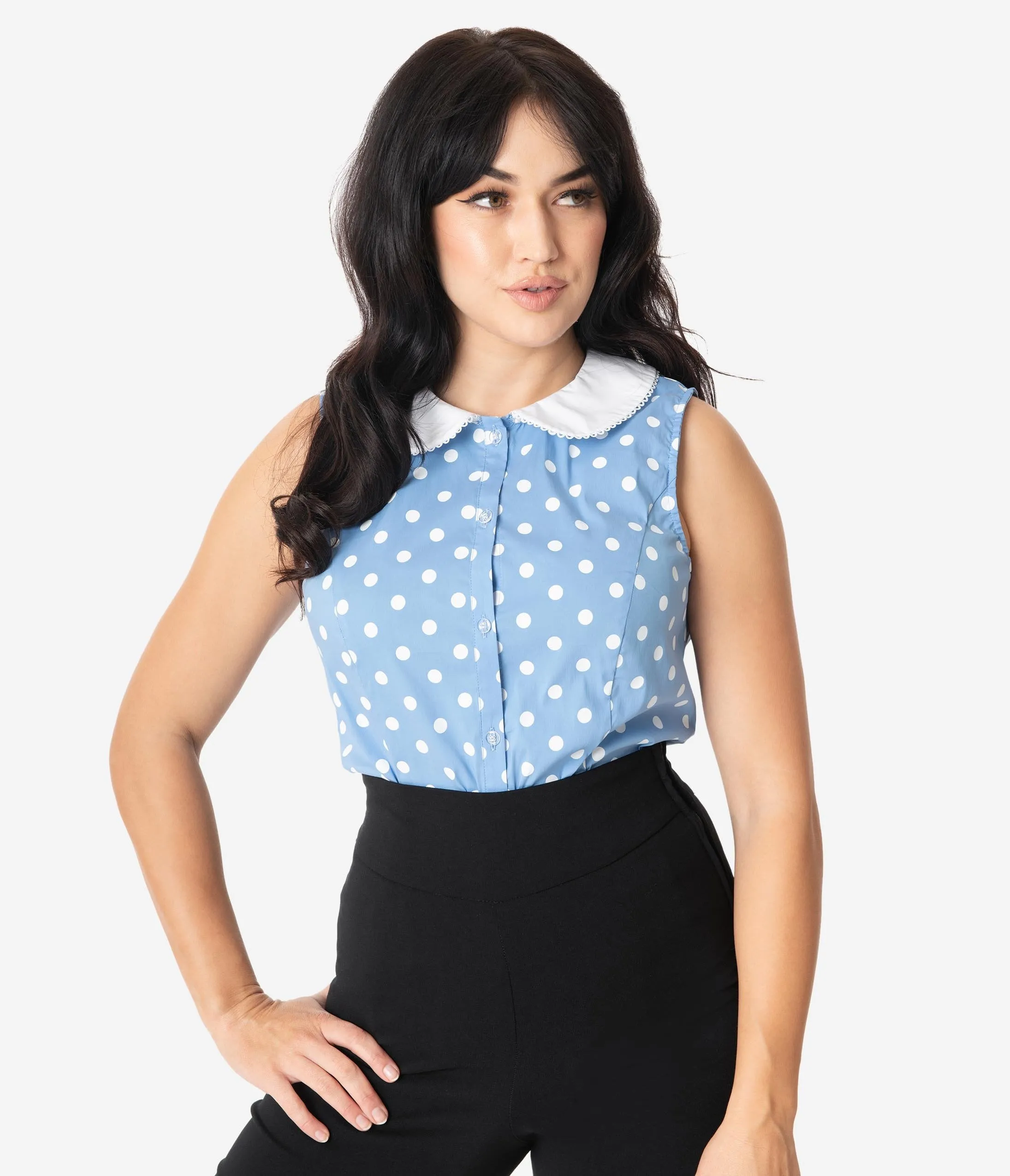 Unique Vintage Light Blue & White Polka Dot Tuscadero Top