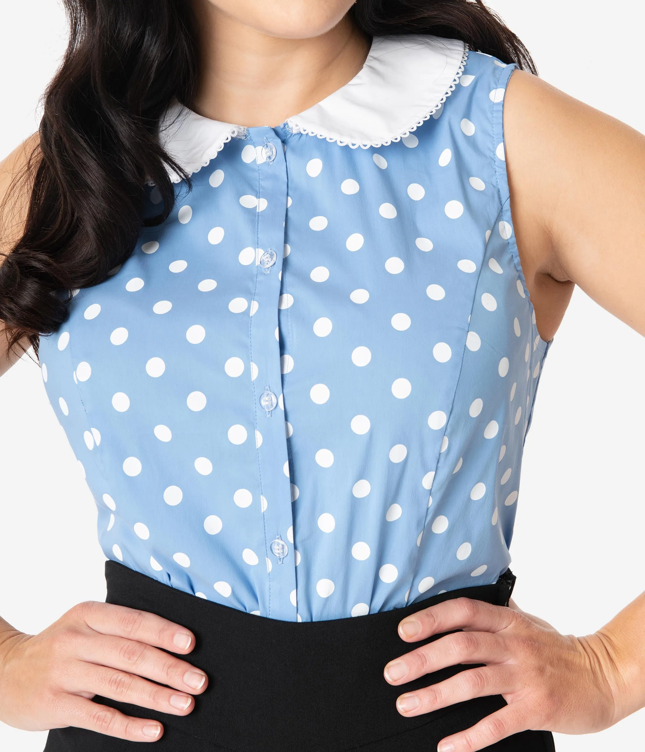 Unique Vintage Light Blue & White Polka Dot Tuscadero Top