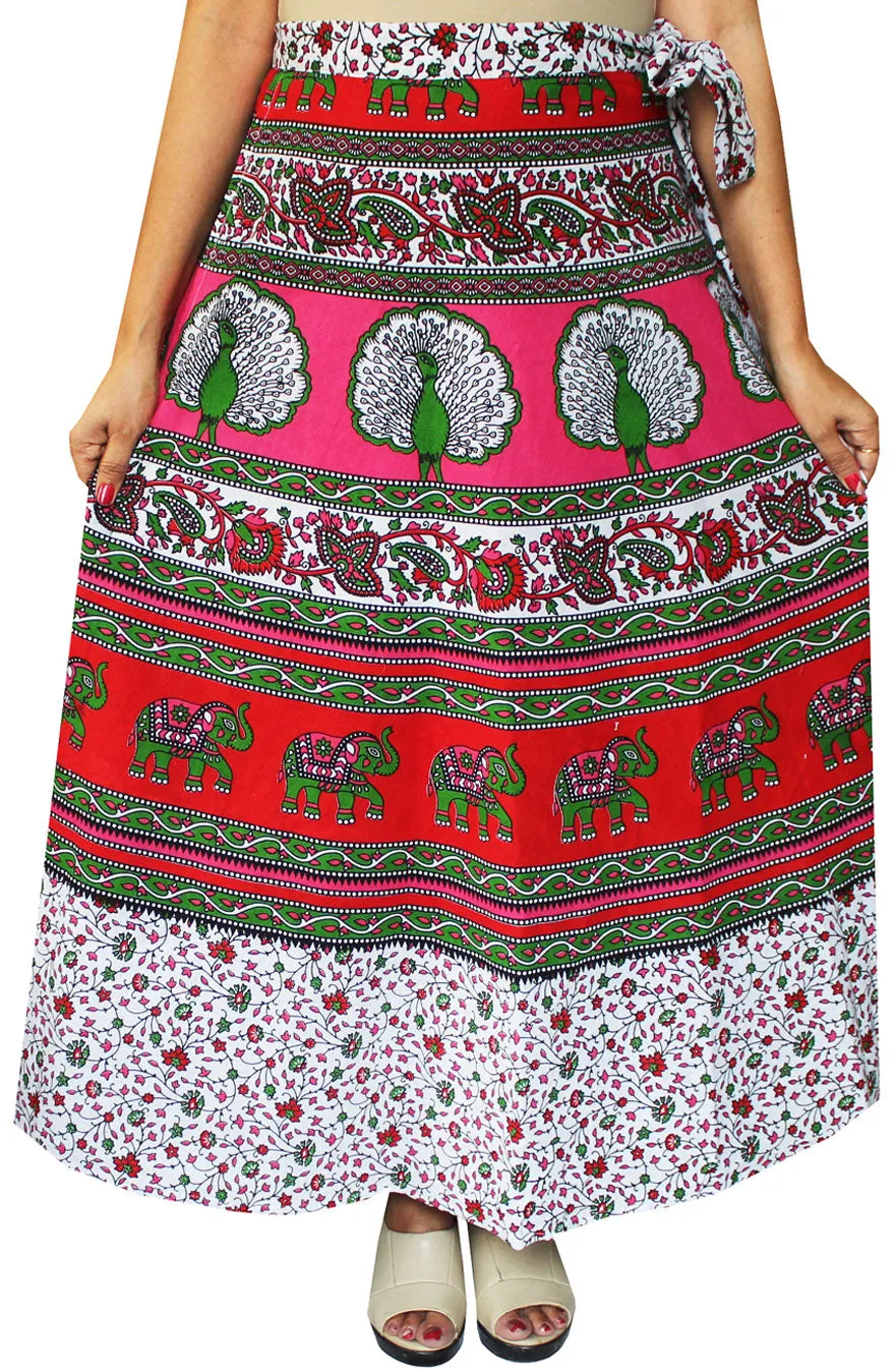 Women's Printed Long Indian Cotton Wrap Skirt (Red, One Size)