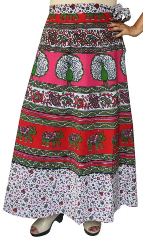 Women's Printed Long Indian Cotton Wrap Skirt (Red, One Size)