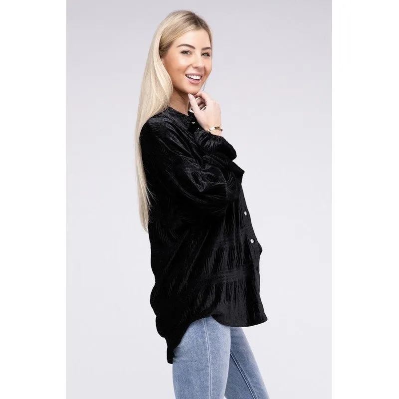 Wrinkle Effect Tiered Shirring Velvet Shirt