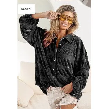 Wrinkle Effect Tiered Shirring Velvet Shirt